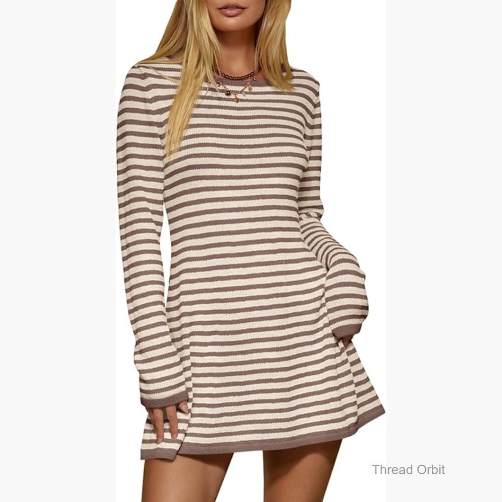Striped Ribbed Knit Pullover Sweater Long Sleeve Crew Neck Tunic Mini Dress